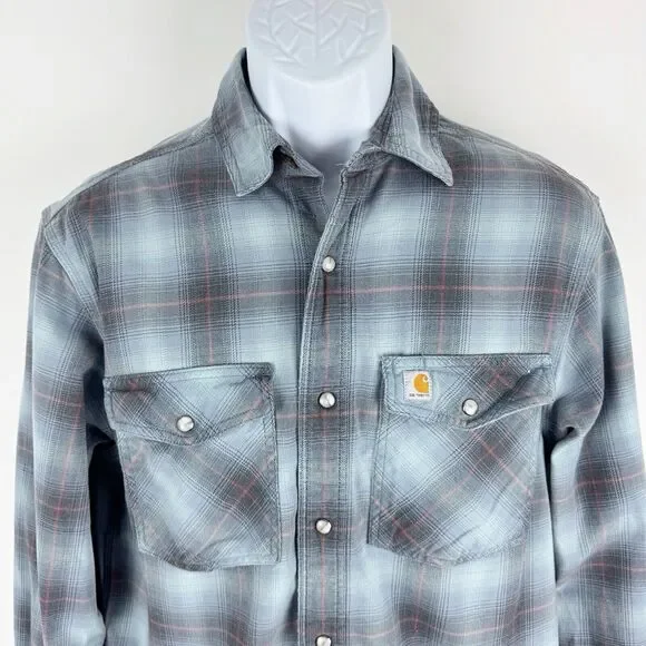 Carhartt Men's Relaxed Fit Plaid Long Sleeve Grey Blue Heavyweight Shirt Small - Picture 8 of 16